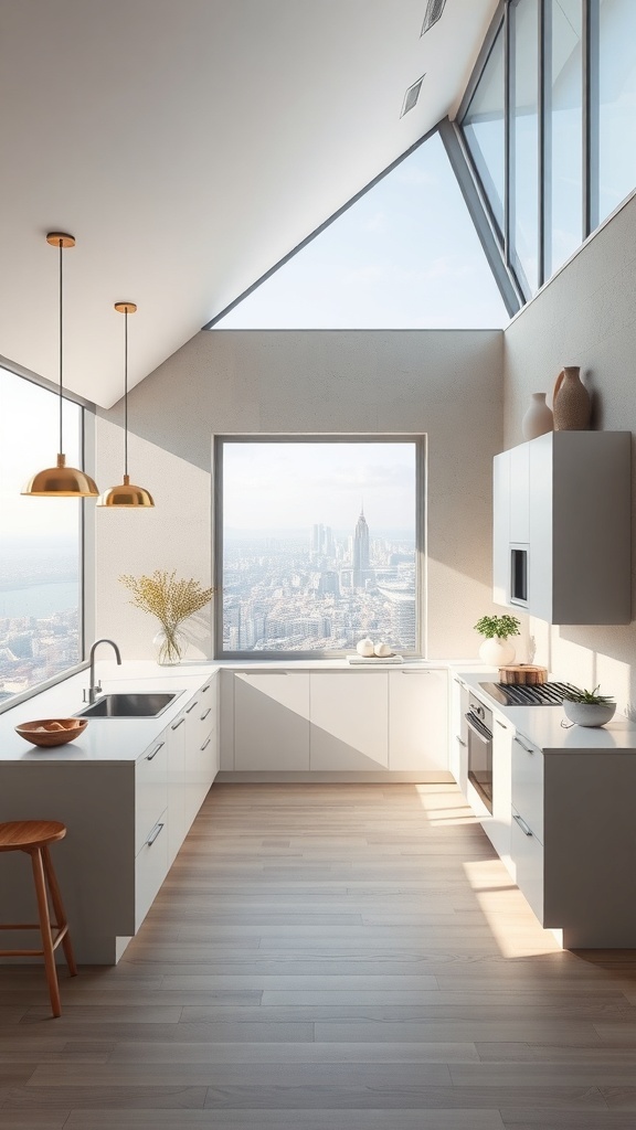 Moderne Küche mit großen Fenstern und kreativen Wandgestaltungen