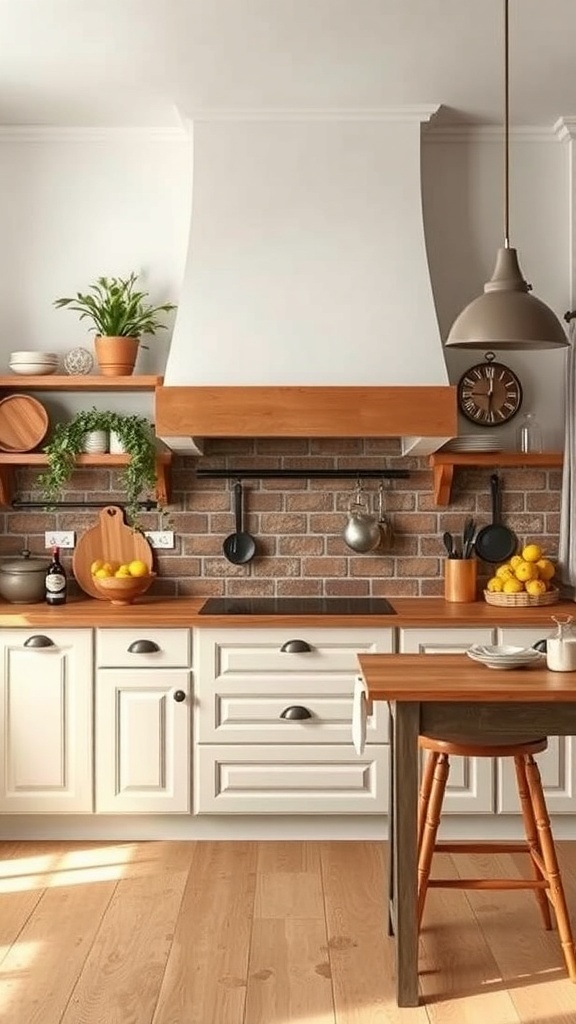 Eine gemütliche Küche mit Landhausflair, weißen Schränken, einer Backsteinwand und Holzregalen.
