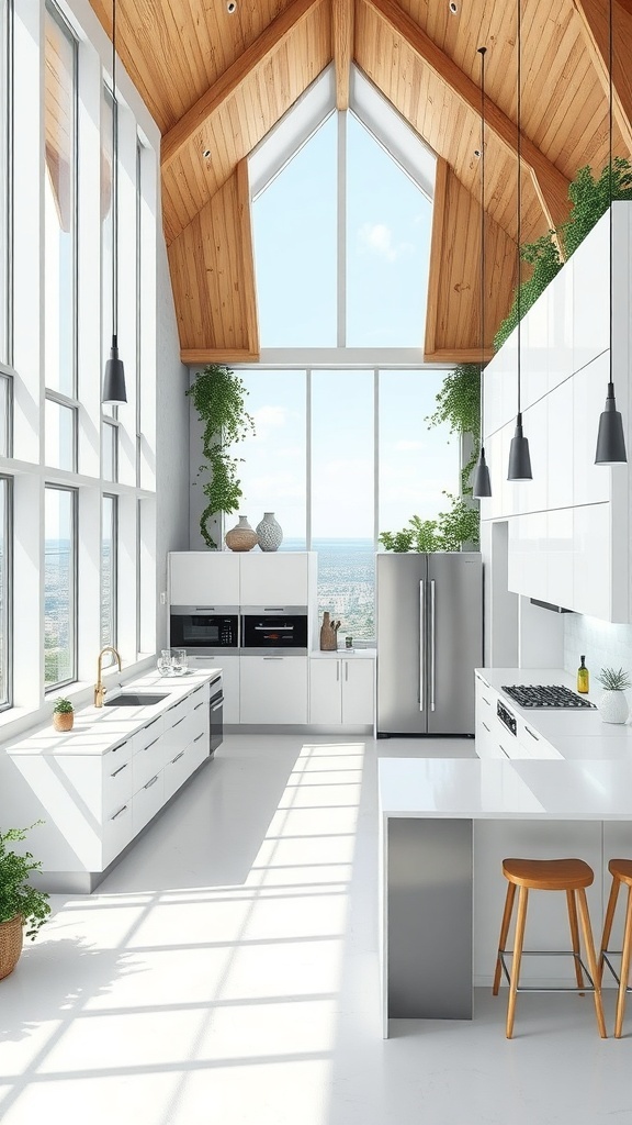 Helle moderne Küche mit Holzdecke und großen Fenstern