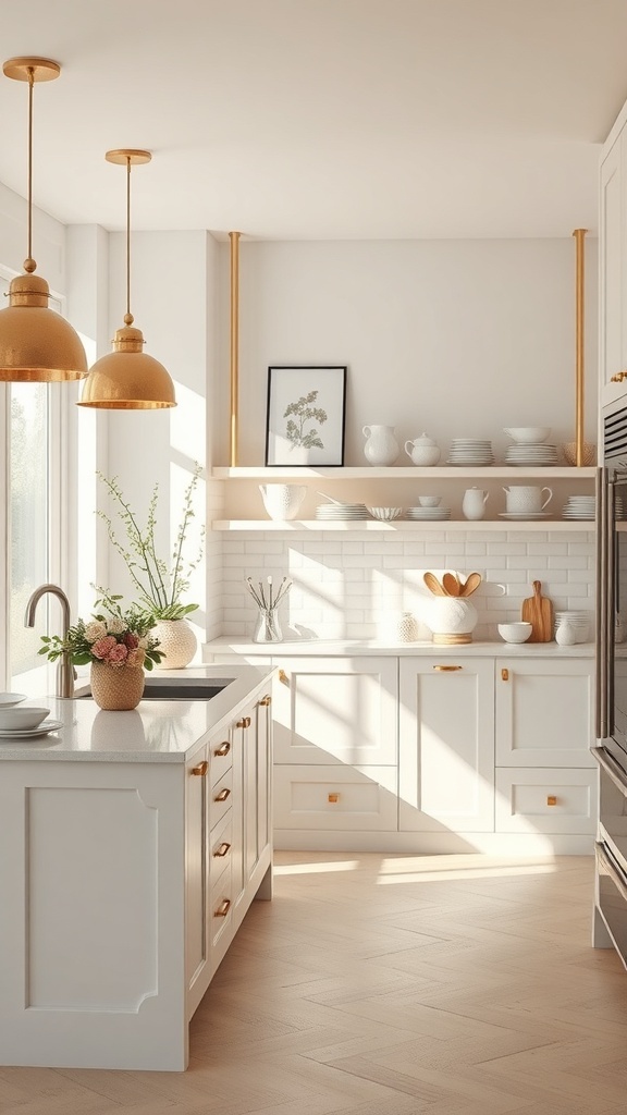 Moderne Küche mit offenen Regalen, hellen Farben und warmen Holztonen