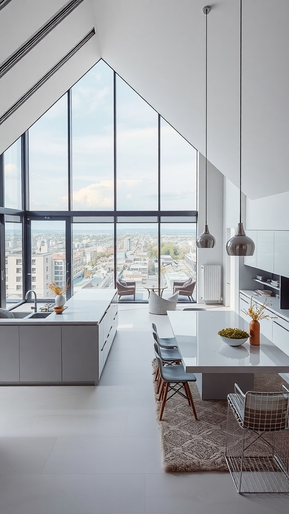 Moderne offene Küche mit großen Fenstern und minimalistischem Design