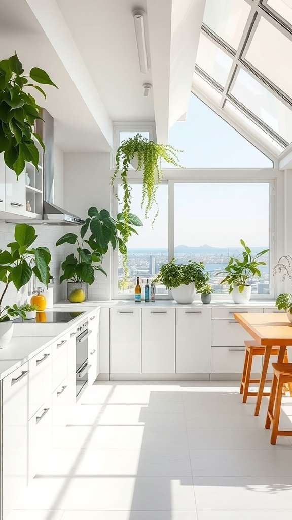 Helle moderne Küche mit Pflanzen und großen Fenstern