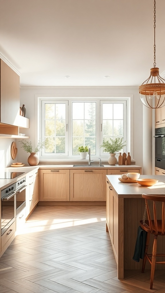 Eine moderne Küche mit warmen Holzdetails, großen Fenstern und einer einladenden Atmosphäre.