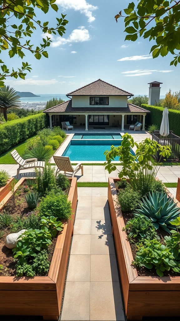 Hochbeete mit Kräutern und Gemüse in einem modernen Garten mit Pool