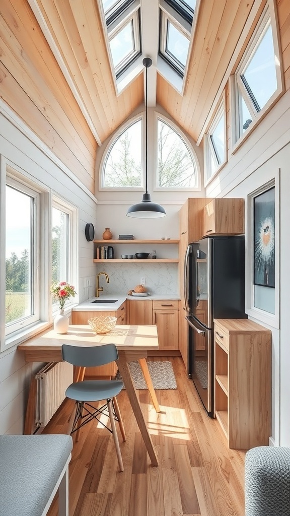 Moderne Küche in einem Tiny House mit Holzverkleidung und großen Fenstern