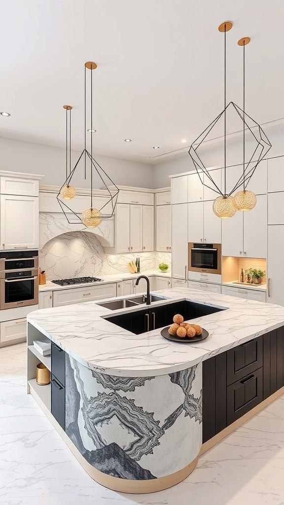 Moderne U-förmige Kücheninsel mit Marmor-Design und stilvollen Pendelleuchten