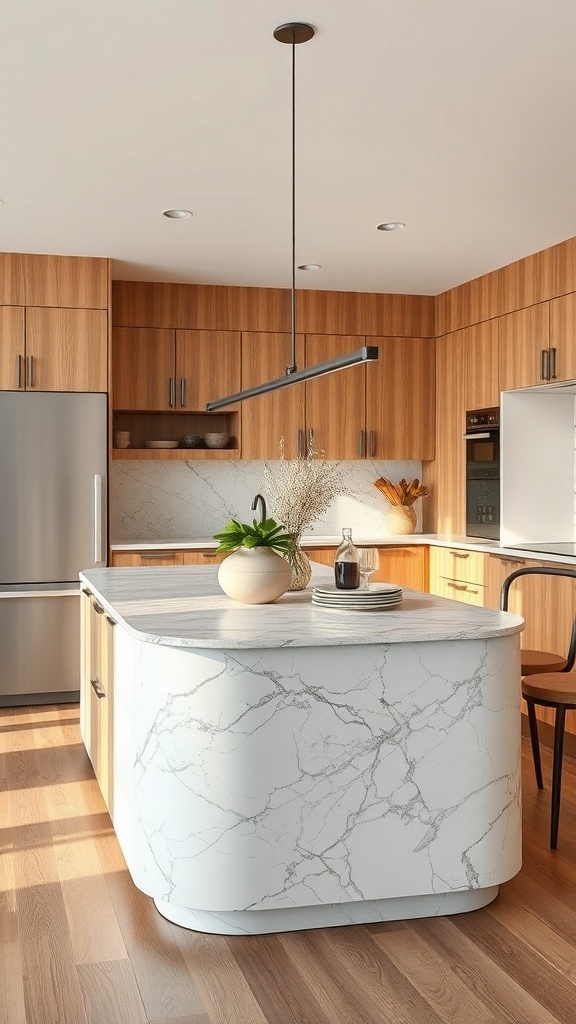 Moderne Kücheninsel mit abgerundeten Kanten und Holzschränken