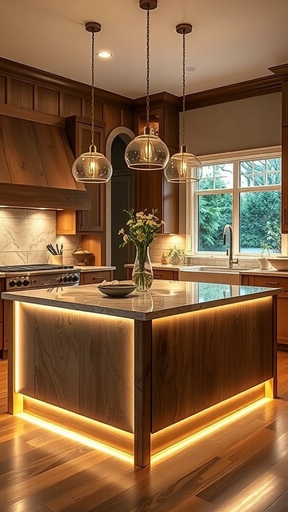 Moderne Kücheninsel mit eingebauter Beleuchtung und Holzschränken