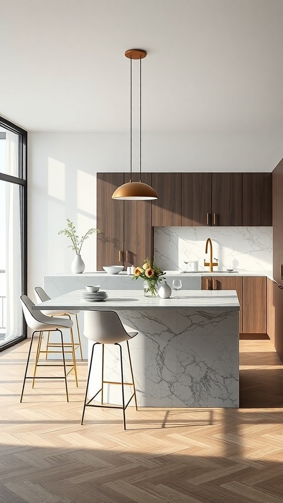 Moderne Küche mit Kücheninsel und eleganten Barhockern