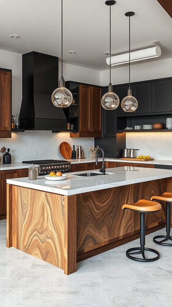 Moderne Kücheninsel aus Holz und Metall mit Pendelleuchten und Barhockern