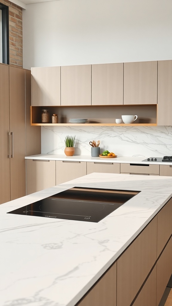 Moderne Kücheninsel mit innovativem Kochfeld und minimalistischer Gestaltung