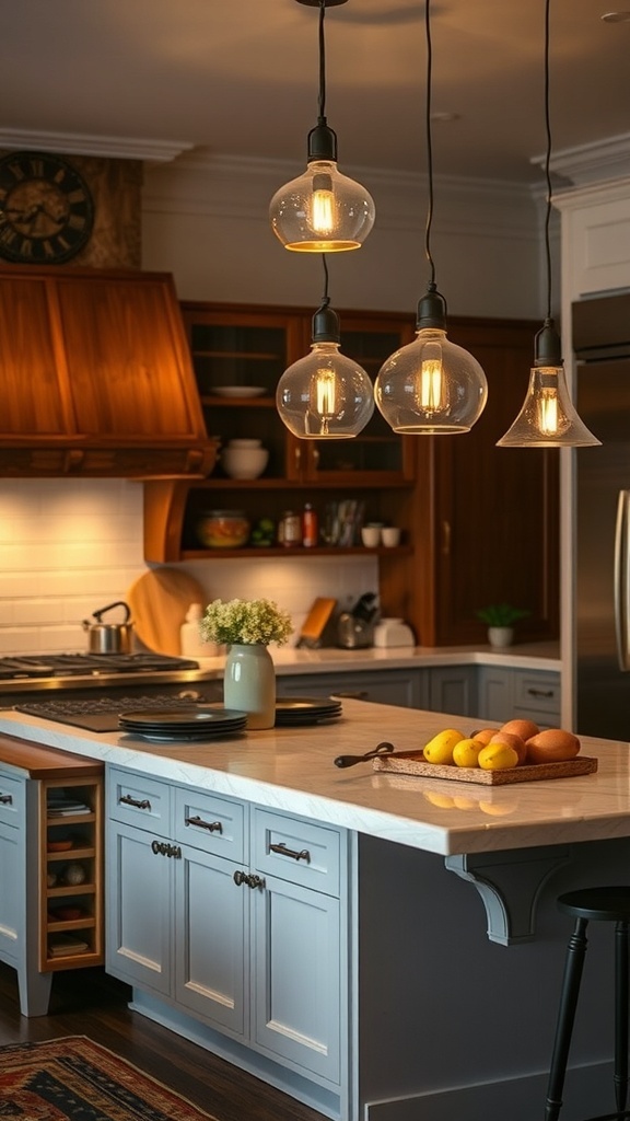 Moderne Kücheninsel mit innovativer Beleuchtung und eleganten Stühlen