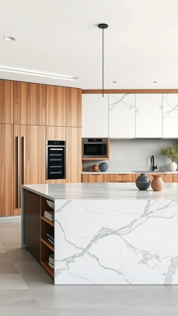 Moderne Kücheninsel mit integrierten Elektrogeräten und eleganter marmorierter Oberfläche