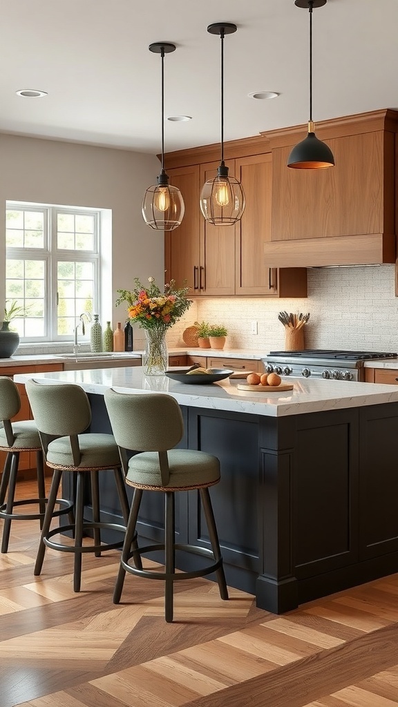 Moderne Kücheninsel mit integrierten Sitzbereichen und eleganten Pendelleuchten