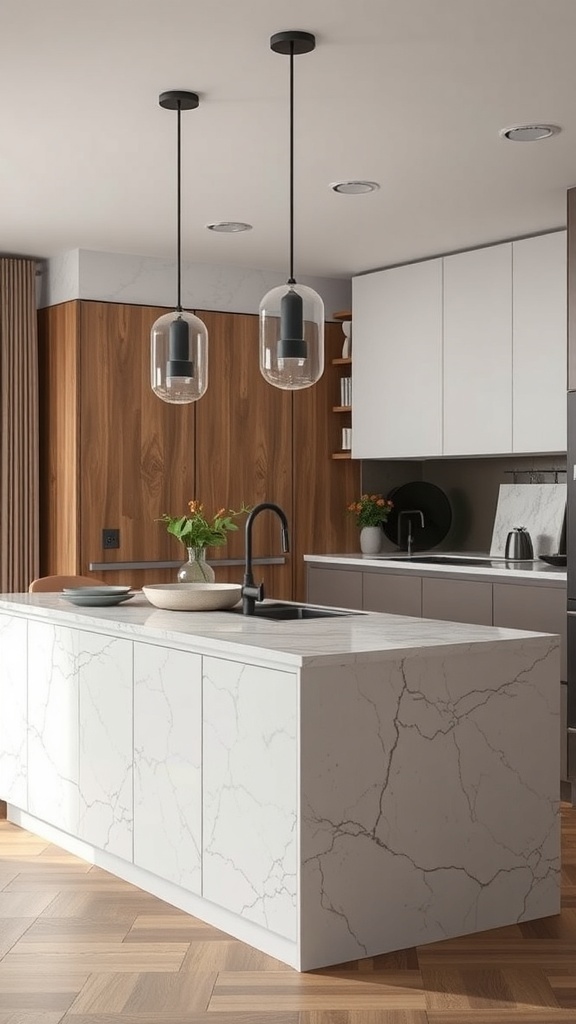Moderne Kücheninsel mit Marmoroberfläche und Holzpaneelen im Hintergrund