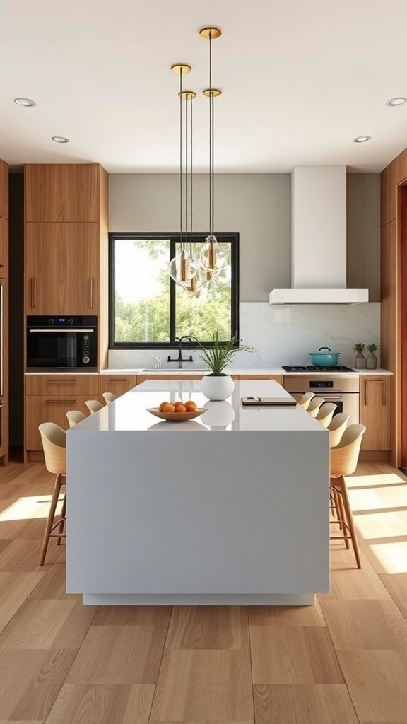 Moderne Kücheninsel mit Marmoroberfläche und Holzfronten, ausgestattet mit Pendelleuchten.