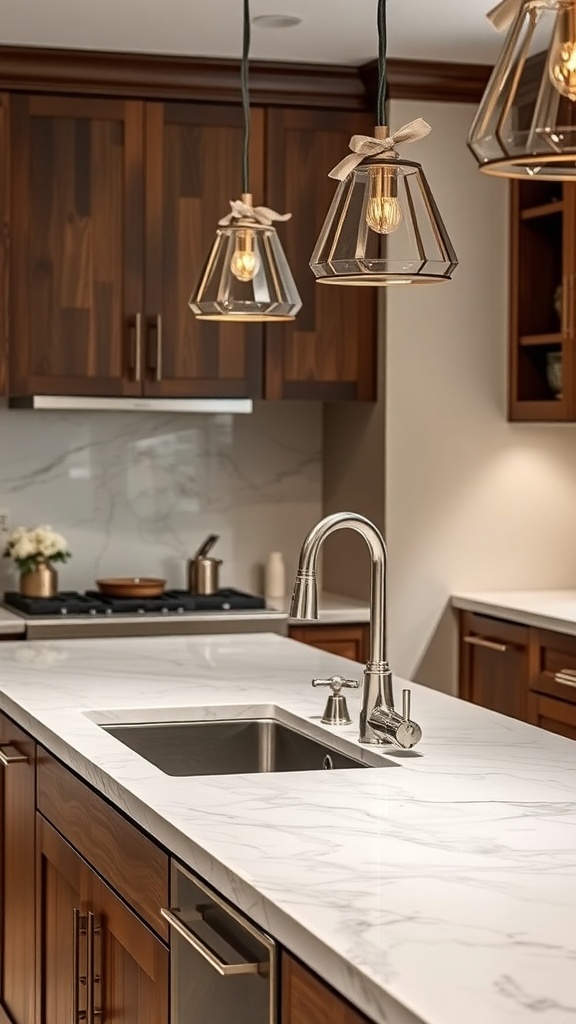 Moderne Kücheninsel mit luxuriösen Armaturen und eleganten hängenden Lampen.