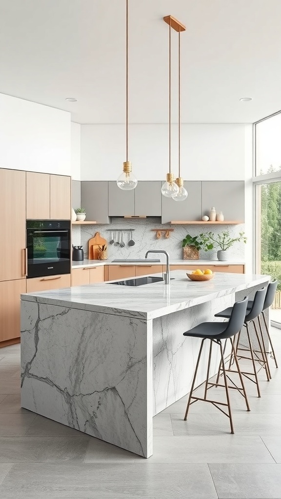 Moderne Kücheninsel aus nachhaltigen Materialien mit Marmoroberfläche und Holzfronten.
