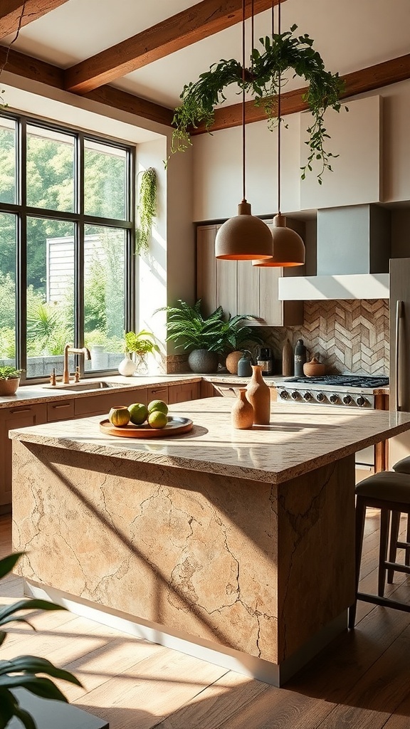 Moderne Kücheninsel mit Natursteinoberfläche und Holzschränken