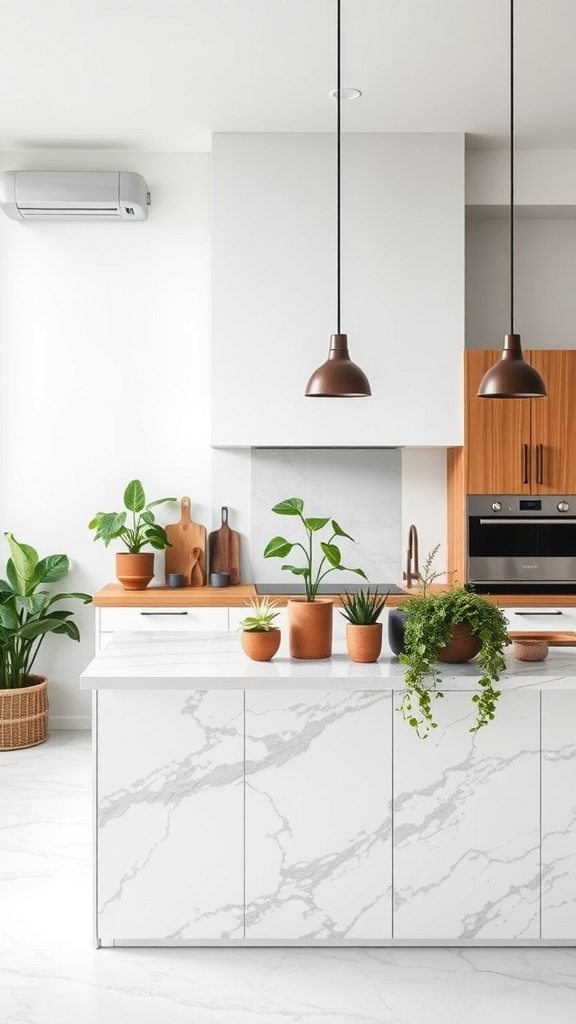 Moderne Kücheninsel mit Pflanzen und eleganten Pendelleuchten