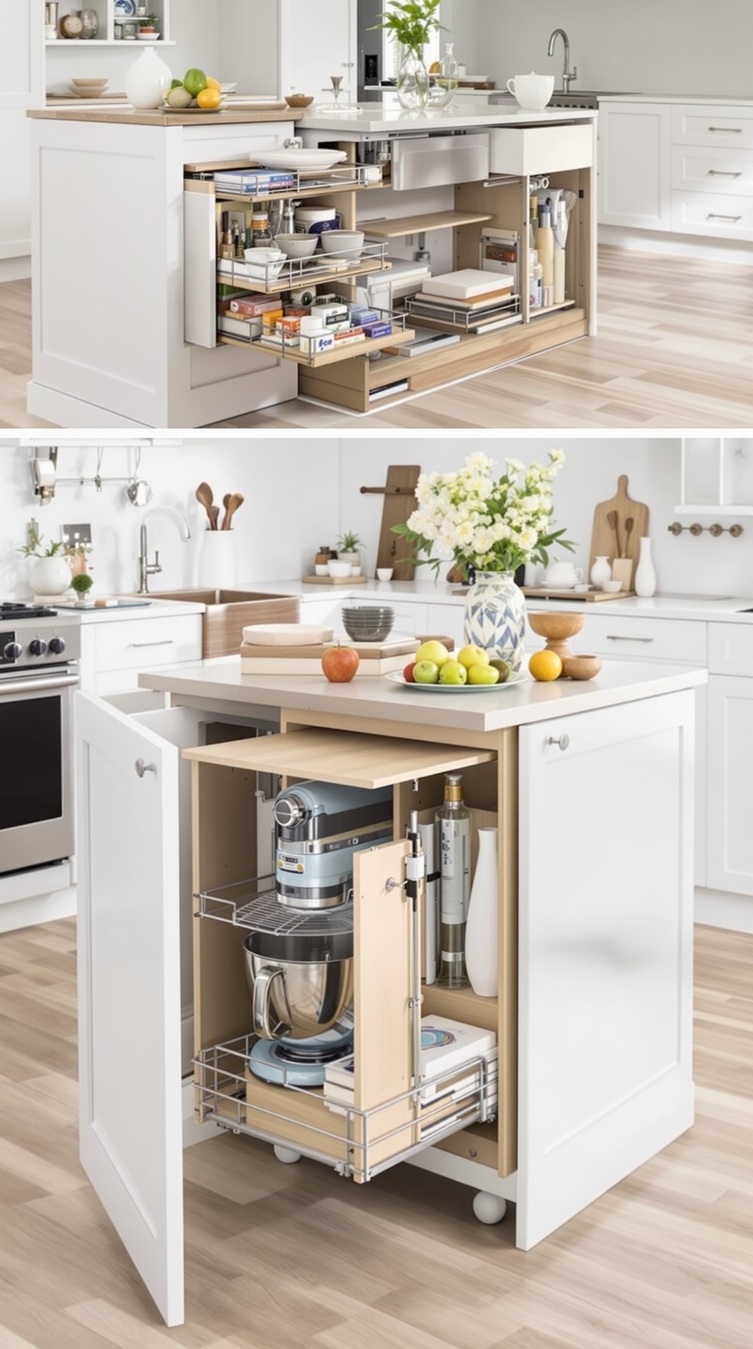 Moderne Kücheninsel aus Holz und Marmor mit versenkbaren Elementen