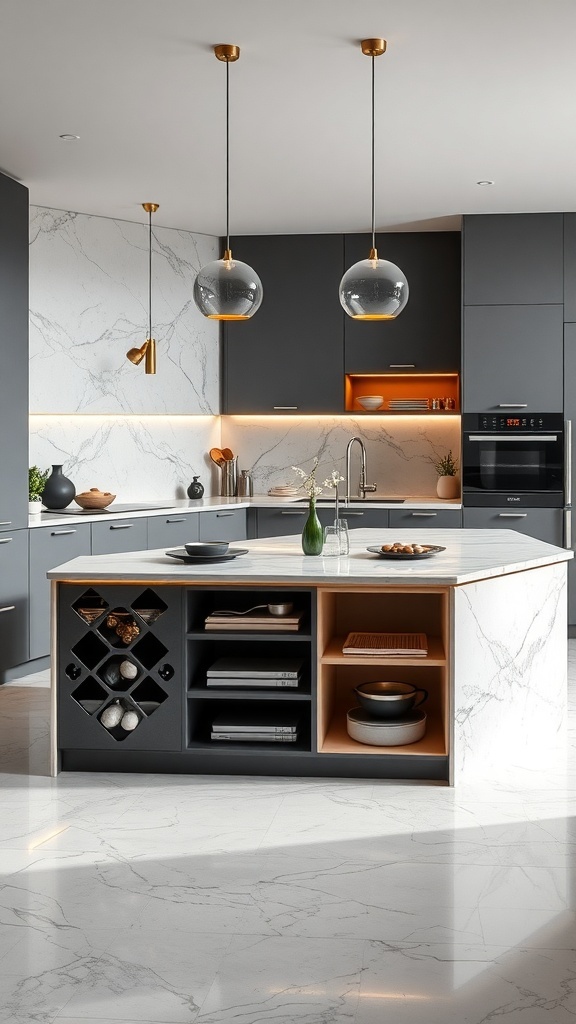 Moderne Kücheninsel mit verstecktem Stauraum und eleganten Pendelleuchten