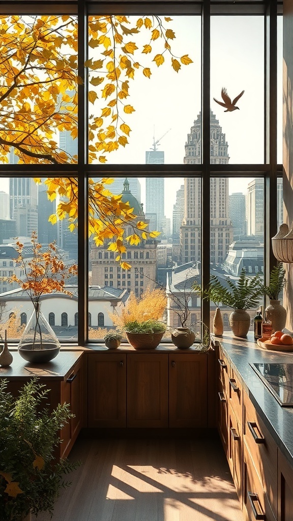 Eine gemütliche Herbstküche mit verschiedenen Pflanzen auf der Fensterbank und warmen Holztönen.