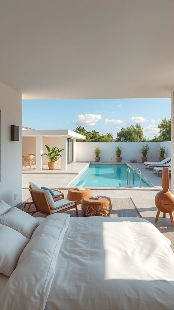 Ein moderner Raum mit Blick auf einen Pool und Pflanzen, der eine entspannende Atmosphäre ausstrahlt.