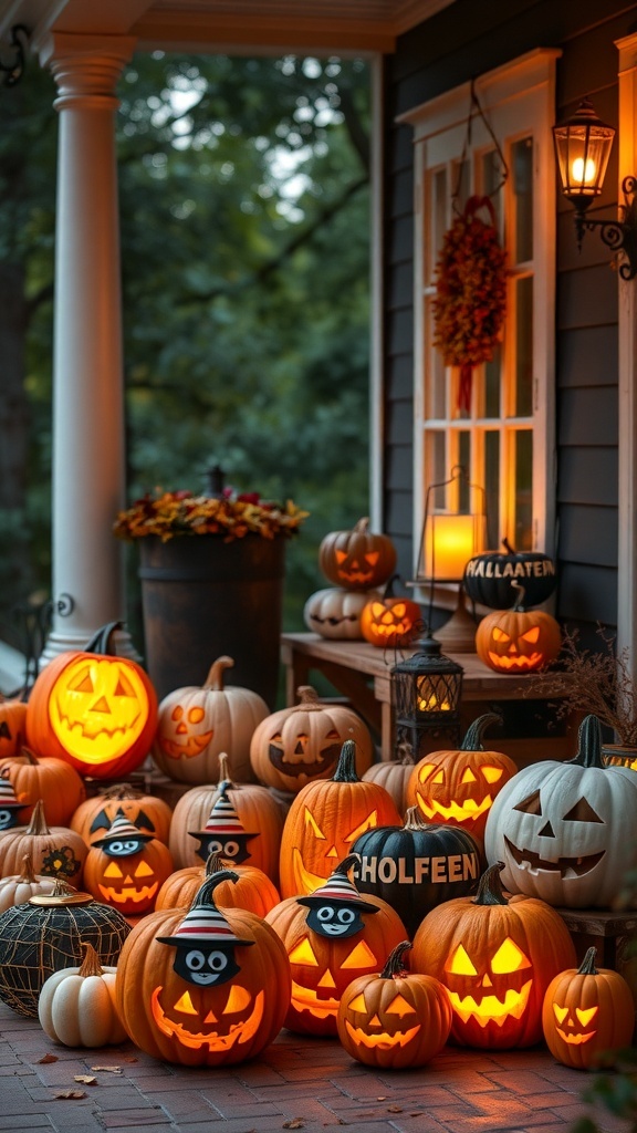 Eine Sammlung von geschnitzten Kürbissen mit Lichtern auf einer Veranda, die Halloween-Stimmung verbreitet.
