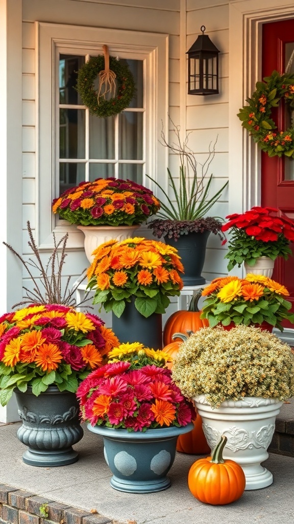 Bunte Kürbisblüten und herbstliche Pflanzen auf einer Veranda mit Kürbissen