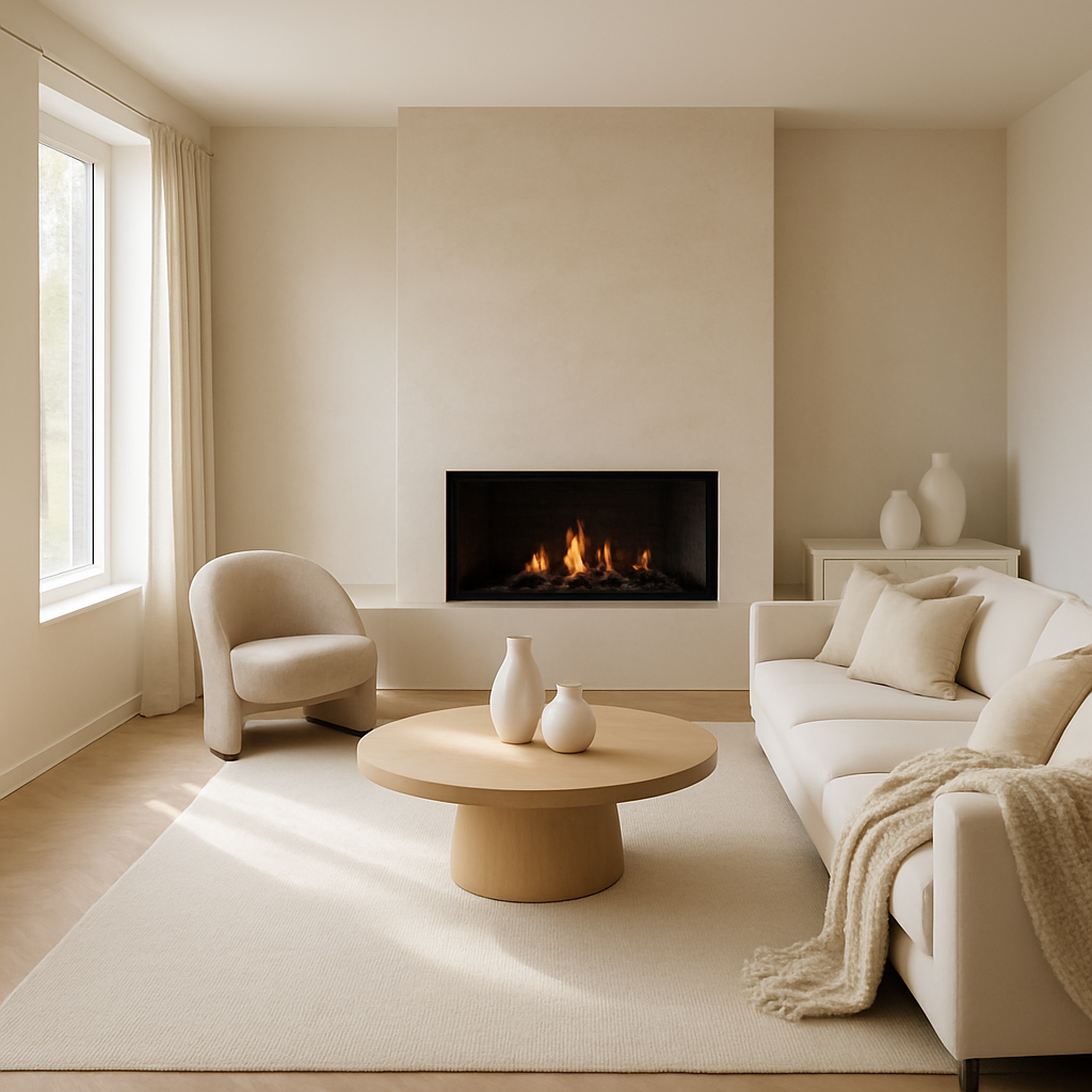 Modernes Wohnzimmer mit einem zentralen Kamin, minimalistischen Möbeln und neutralen Farben.