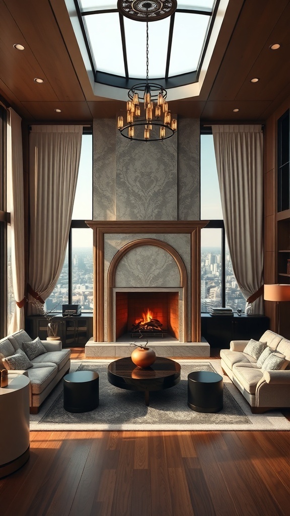 Ein elegantes Wohnzimmer mit einem zentralen Kamin, großen Fenstern und stilvollen Möbeln im Art Deco-Stil.