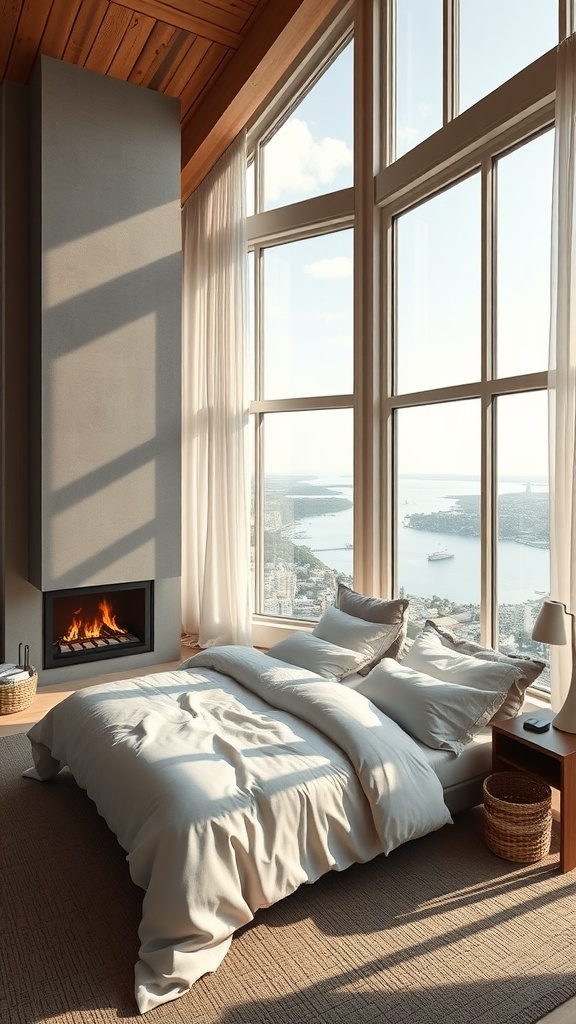 Modernes Schlafzimmer mit Kamin und großen Fenstern, die einen Blick auf die Landschaft bieten.