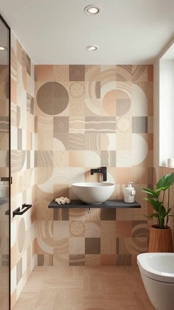 Moderne Badezimmerwand mit keramischen Fliesen in Erdtönen und Naturmotiven