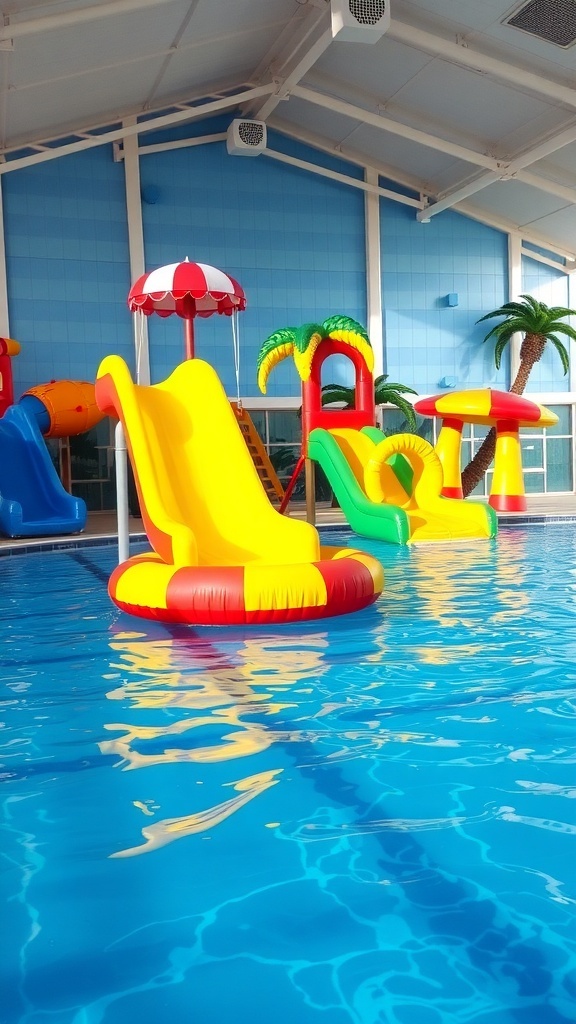 A colorful backyard swimming pool with slides and inflatable toys, featuring a child floating in a ring.
