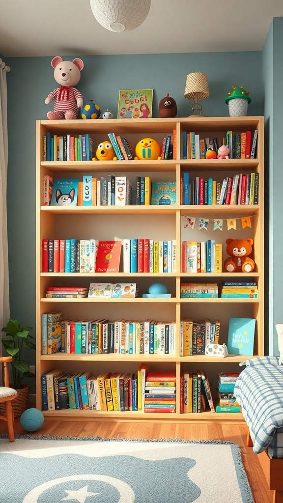 A colorful kids' bookshelf filled with books and playful decorations.