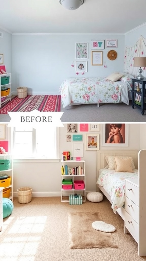 Before and after images of a kid's room makeover showcasing a transformation from a plain space to a colorful and organized room.