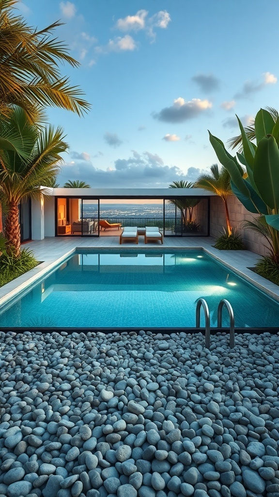 Ein moderner Kies-Pool mit Sonnenliege und Palmen im Hintergrund