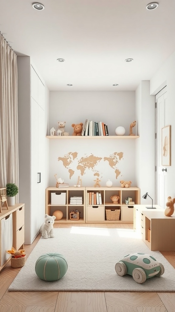 Minimalistisches Kinderzimmer mit kreativen Elementen und funktionalen Möbeln