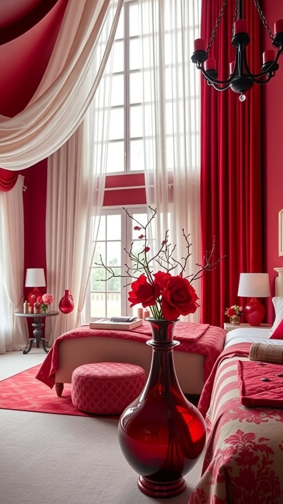 Ein kirschrotes Schlafzimmer mit roten Vorhängen, Teppich und Accessoires, einschließlich einer Vase mit roten Blumen.