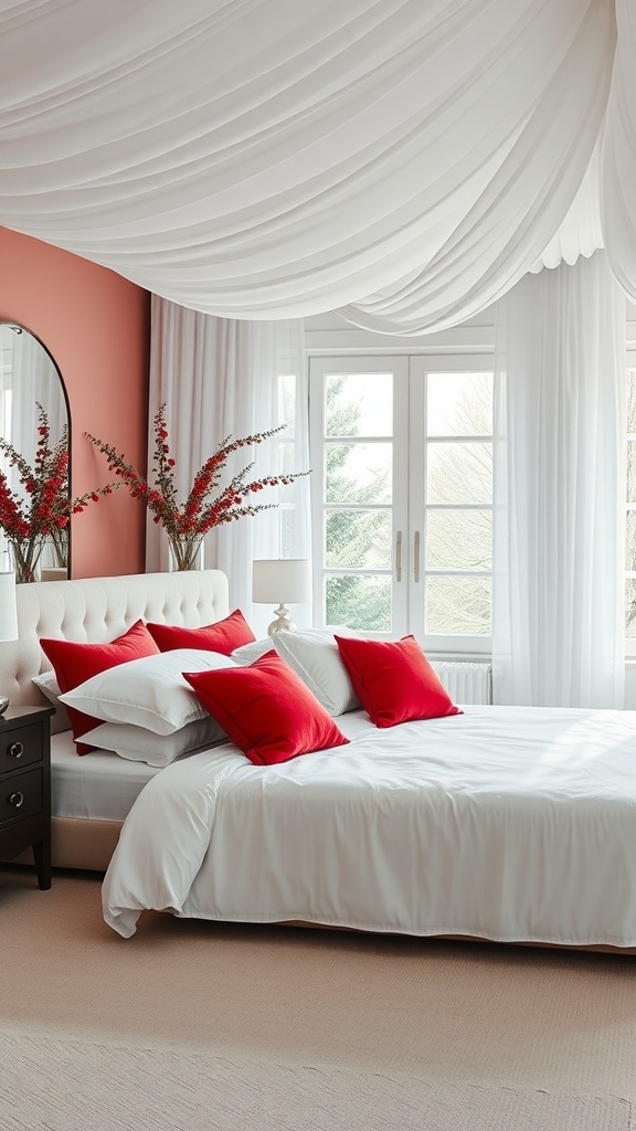 Schlafzimmer mit weißen Wänden, einem Bett mit weißen Bettwäsche und kirschroten Akzentkissen, sowie einer Vase mit Blumen.