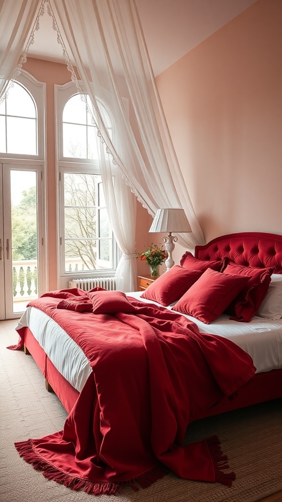 Ein Schlafzimmer mit kirschroter Bettwäsche, sanften Vorhängen und einem gemütlichen Ambiente.