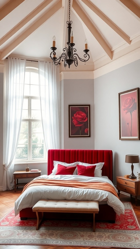 Ein stilvolles Schlafzimmer mit kirschrotem Bett, weißen Vorhängen und Rosenbildern an der Wand.
