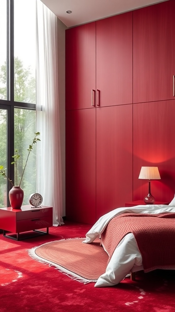 Ein modernes Schlafzimmer mit kirschroten Möbelstücken, einem großen Kleiderschrank und einem gemütlichen Bett.