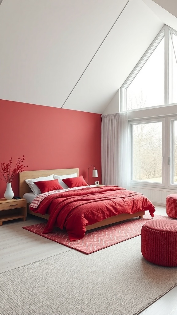 Ein kirschrotes Schlafzimmer im Skandi-Stil mit einem Bett, roten Kissen und einem Hocker.