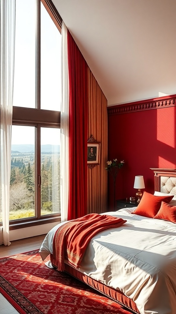Kirschrotes Schlafzimmer mit großen Fenstern und Blick auf die Natur