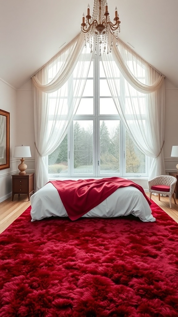 Ein Schlafzimmer mit einem kirschroten Teppich, einem großen Fenster und einem Kronleuchter
