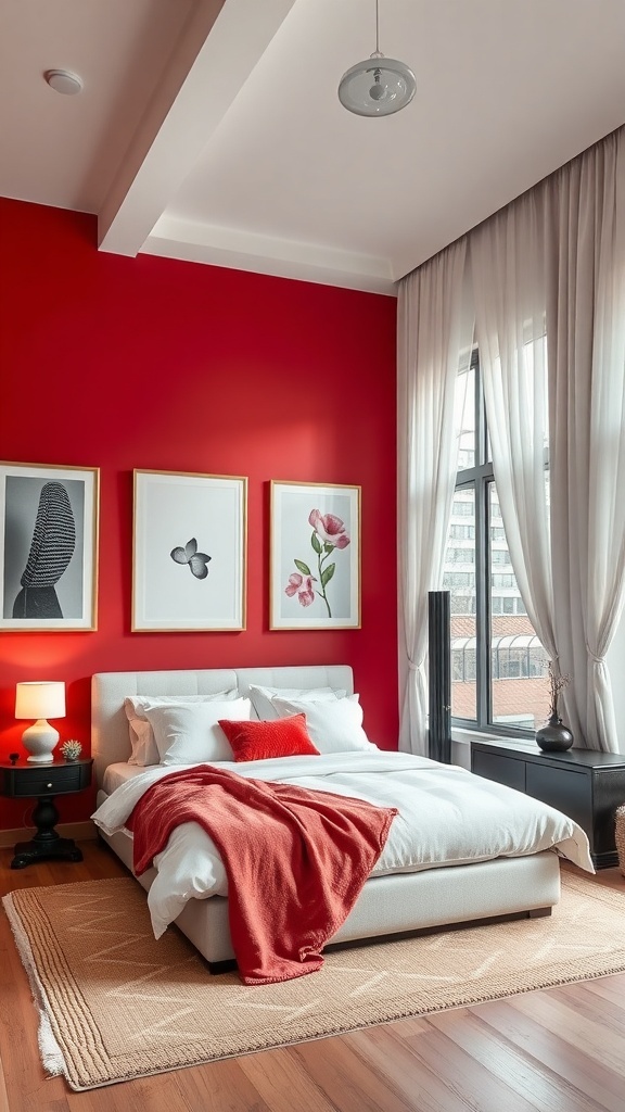 Schlafzimmer mit kirschroter Wand, hellen Möbeln und dekorativen Bildern