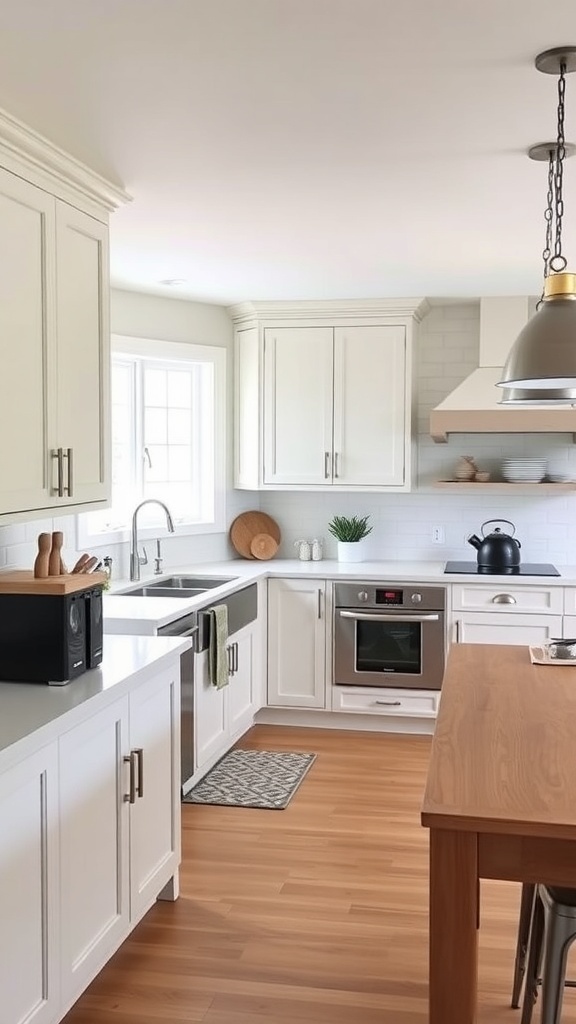 A bright and modern kitchen with white cabinets, wooden flooring, and stylish accessories.