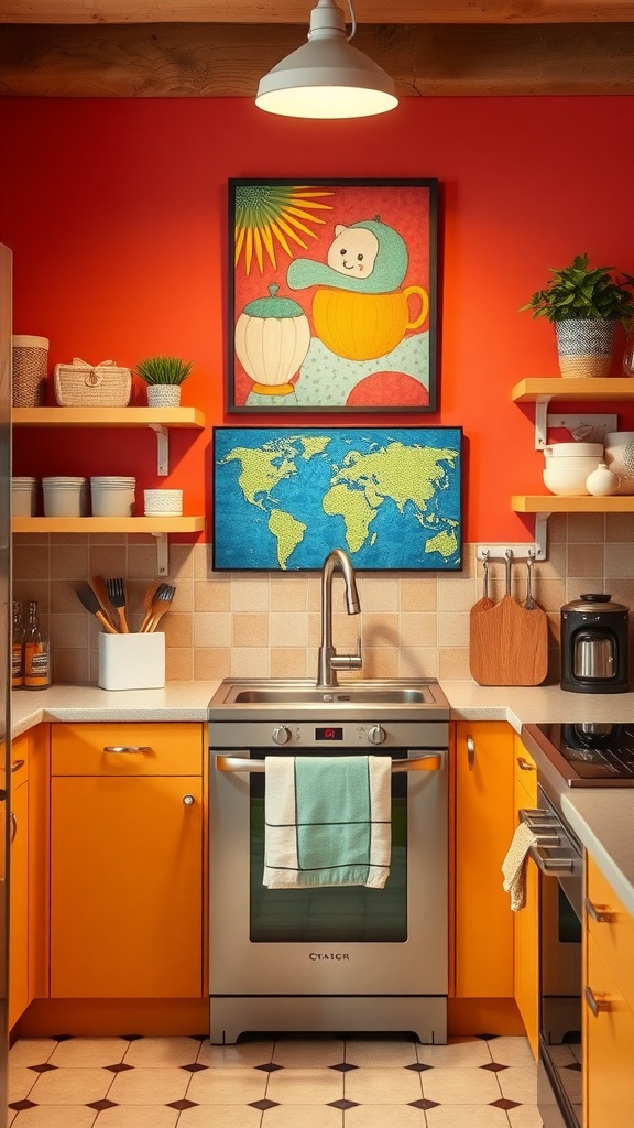Colorful kitchen with playful wall art and plants.